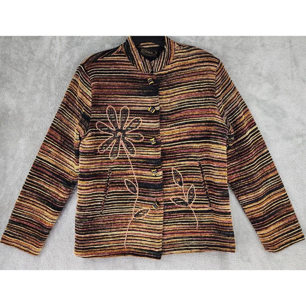 Alex Kim Jacket‎ Womens Medium Multicolor Striped Floral Embroidered 90s Vintage